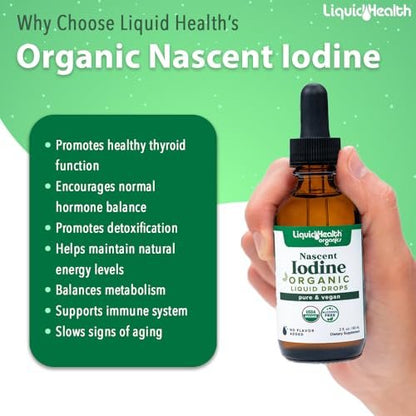 LIQUIDHEALTH USDA Bio Jod-Tropfen – Reines Jod für Schilddrüsen- & Immununterstützung, Energie-Booster, vegan, geschmacksneutral, 60 ml