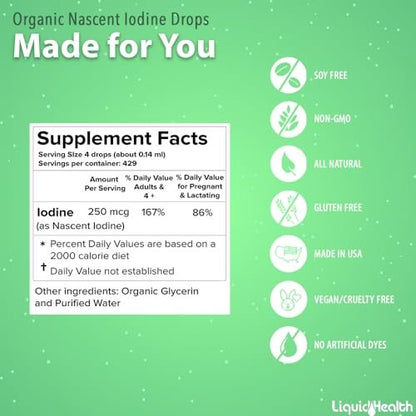 LIQUIDHEALTH USDA Bio-Jod Tropfen, reines Jod Nahrungsergänzungsmittel für Schilddrüsen- & Immununterstützung, Energiespender - Hergestellt in USA, Vegan, Farblos, Geschmacksneutral (2er Pack)