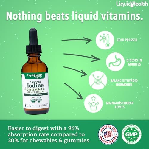 LIQUIDHEALTH USDA Bio Jod-Tropfen – Reines Jod für Schilddrüsen- & Immununterstützung, Energie-Booster, vegan, geschmacksneutral, 60 ml