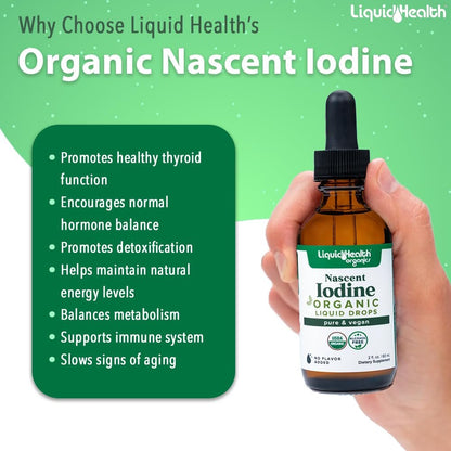LIQUIDHEALTH USDA Bio Jod-Tropfen – Reines Jod für Schilddrüsen- & Immununterstützung, Energie-Booster, vegan, geschmacksneutral, 60 ml