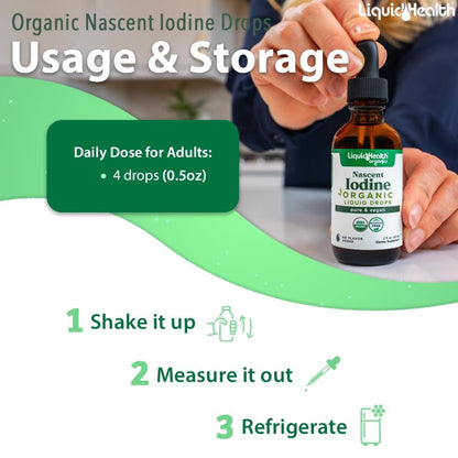 LIQUIDHEALTH USDA Bio Jod-Tropfen – Reines Jod für Schilddrüsen- & Immununterstützung, Energie-Booster, vegan, geschmacksneutral, 60 ml