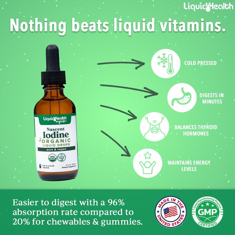 LIQUIDHEALTH USDA Bio Jod-Tropfen – Reines Jod für Schilddrüsen- & Immununterstützung, Energie-Booster, vegan, geschmacksneutral, 60 ml