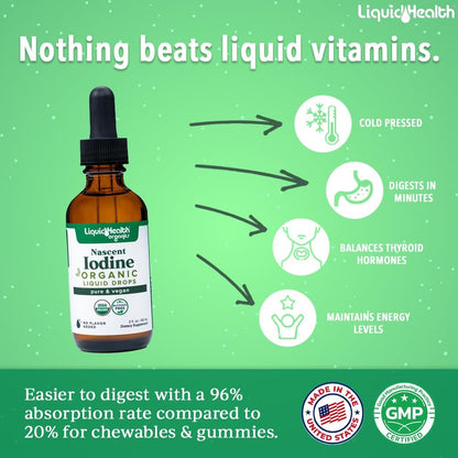 LIQUIDHEALTH USDA Bio Jod-Tropfen – Reines Jod für Schilddrüsen- & Immununterstützung, Energie-Booster, vegan, geschmacksneutral, 60 ml