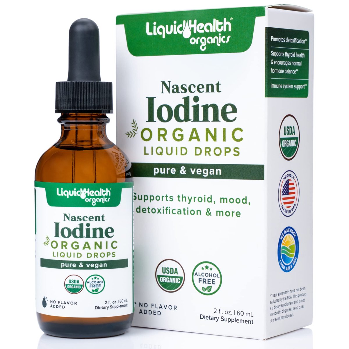 LIQUIDHEALTH USDA Bio Jod-Tropfen – Reines Jod für Schilddrüsen- & Immununterstützung, Energie-Booster, vegan, geschmacksneutral, 60 ml