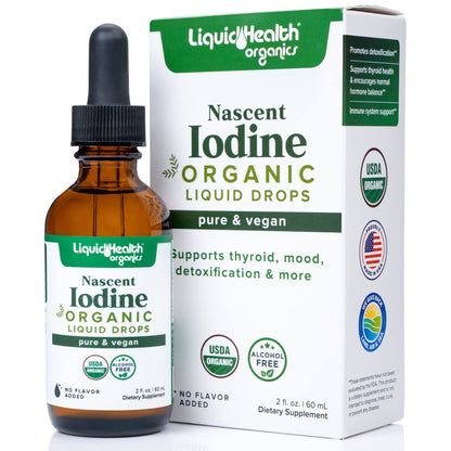 LIQUIDHEALTH USDA Bio Jod-Tropfen – Reines Jod für Schilddrüsen- & Immununterstützung, Energie-Booster, vegan, geschmacksneutral, 60 ml