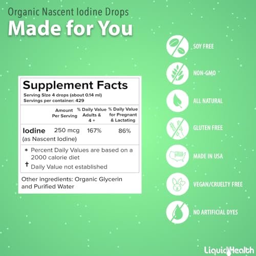 LIQUIDHEALTH USDA Bio-Jod Tropfen, reines Jod Nahrungsergänzungsmittel für Schilddrüsen- & Immununterstützung, Energiespender - Hergestellt in USA, Vegan, Farblos, Geschmacksneutral (2er Pack)