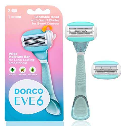 Dorco EVE6 Rasierer für extra glatte Rasur | 1 Rasierergriff & 2 Klingen-Nachfüllpackungen | 6 gebogene Klingen mit flexibler Aloe Vera Feuchtigkeitsbarriere | Austauschbare Kassetten für empfindliche Haut