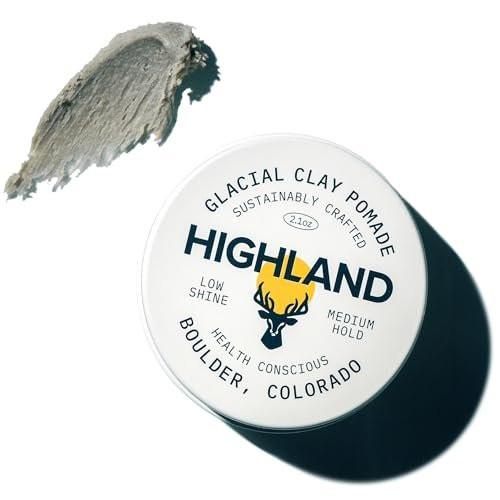 Highland Glacial Hair Clay Pomade – preisgekrönte Haarstyling-Clay für Männer und Frauen mit 100% natürlichen und biologischen Inhaltsstoffen für gesundes Haar und Kopfhaut. Leichter Glanz, mittlerer Halt.