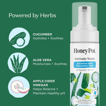 The Honey Pot Company - Intimwaschgel - mit Kräuterextrakten - für empfindliche Hauttypen - pH-ausgeglichene, pflanzliche Hygiene - Sensitiv mit Gurke & Aloe Vera - 163 ml