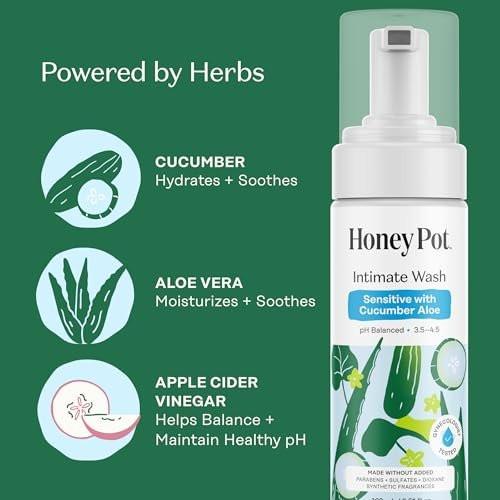The Honey Pot Company - Intimwaschgel - mit Kräuterextrakten - für empfindliche Hauttypen - pH-ausgeglichene, pflanzliche Hygiene - Sensitiv mit Gurke & Aloe Vera - 163 ml