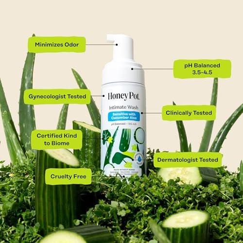 The Honey Pot Company - Intimwaschgel - mit Kräuterextrakten - für empfindliche Hauttypen - pH-ausgeglichene, pflanzliche Hygiene - Sensitiv mit Gurke & Aloe Vera - 163 ml