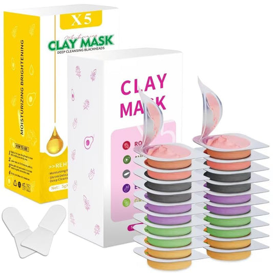 Aaenouicfs Clay Mask Set 20 Portionen – Gesichtsmaske Hautpflege Set mit Grüner Tee, Kurkuma, Totes Meer Schlamm, Rose, 24K Gold, Aubergine, Avocado – Tiefenreinigende Schlammmaske für Männer & Frauen