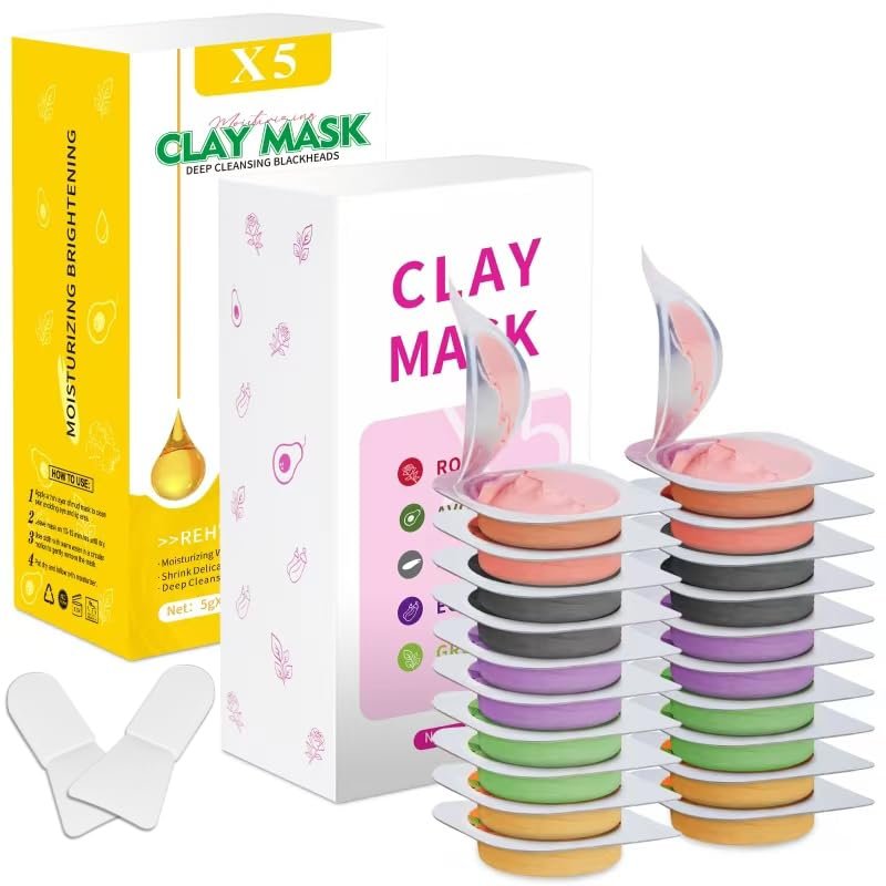 Aaenouicfs Clay Mask Set 20 Portionen – Gesichtsmaske Hautpflege Set mit Grüner Tee, Kurkuma, Totes Meer Schlamm, Rose, 24K Gold, Aubergine, Avocado – Tiefenreinigende Schlammmaske für Männer & Frauen