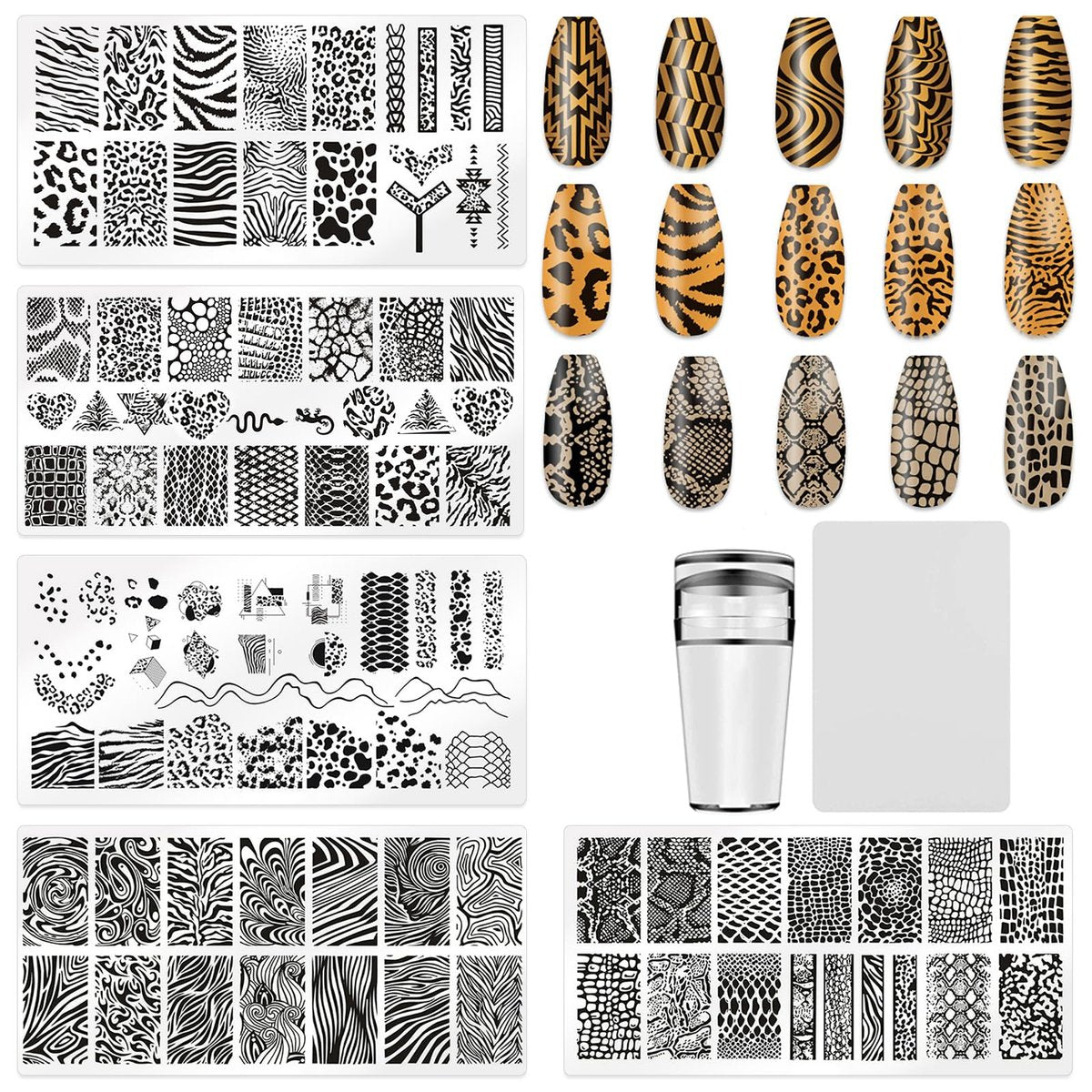 HYWWPFLAY 5-teiliges Leopardenmuster Nagelstempel-Set: Nagelstempelplatten, Nagelstempel, Schaber – Edelstahl Nageldesign-Vorlagen