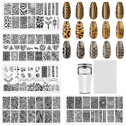 HYWWPFLAY 5-teiliges Leopardenmuster Nagelstempel-Set: Nagelstempelplatten, Nagelstempel, Schaber – Edelstahl Nageldesign-Vorlagen