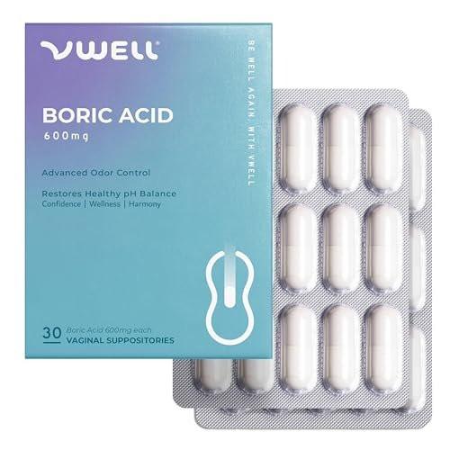 VWELL Borsäure Vaginalzäpfchen – Homöopathische Lösung für ausgewogenen Vaginal-pH und gesundes Mikrobiom – Ärzteempfohlen (30 Stück, Einheitsgröße)