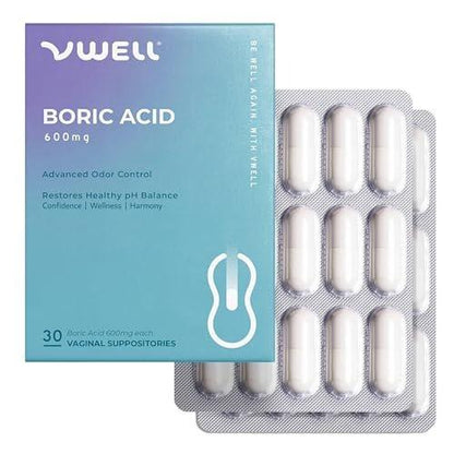 VWELL Borsäure Vaginalzäpfchen – Homöopathische Lösung für ausgewogenen Vaginal-pH und gesundes Mikrobiom – Ärzteempfohlen (30 Stück, Einheitsgröße)