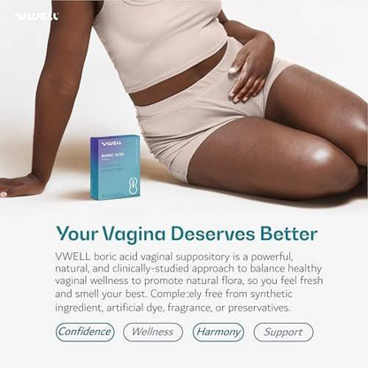 VWELL Borsäure Vaginalzäpfchen – Homöopathische Lösung für ausgewogenen Vaginal-pH und gesundes Mikrobiom – Ärzteempfohlen (30 Stück, Einheitsgröße)