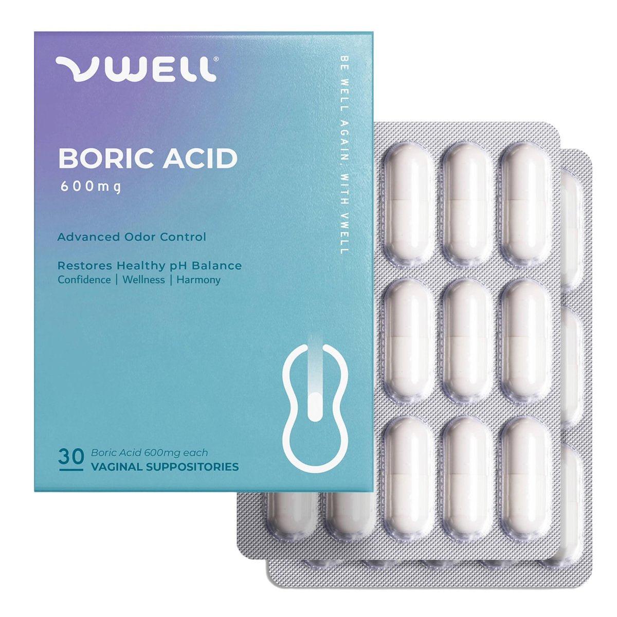 VWELL Borsäure Vaginalzäpfchen – Homöopathische Lösung für ausgewogenen Vaginal-pH und gesundes Mikrobiom – Ärzteempfohlen (30 Stück, Einheitsgröße)