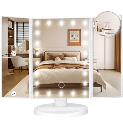 LeeWent Schminktischspiegel mit Licht, verstellbare Helligkeit, 1X/2X/3X/10X Vergrößerung, Touchscreen, klappbarer Kosmetikspiegel, zwei Stromversorgungsmodi, weiß