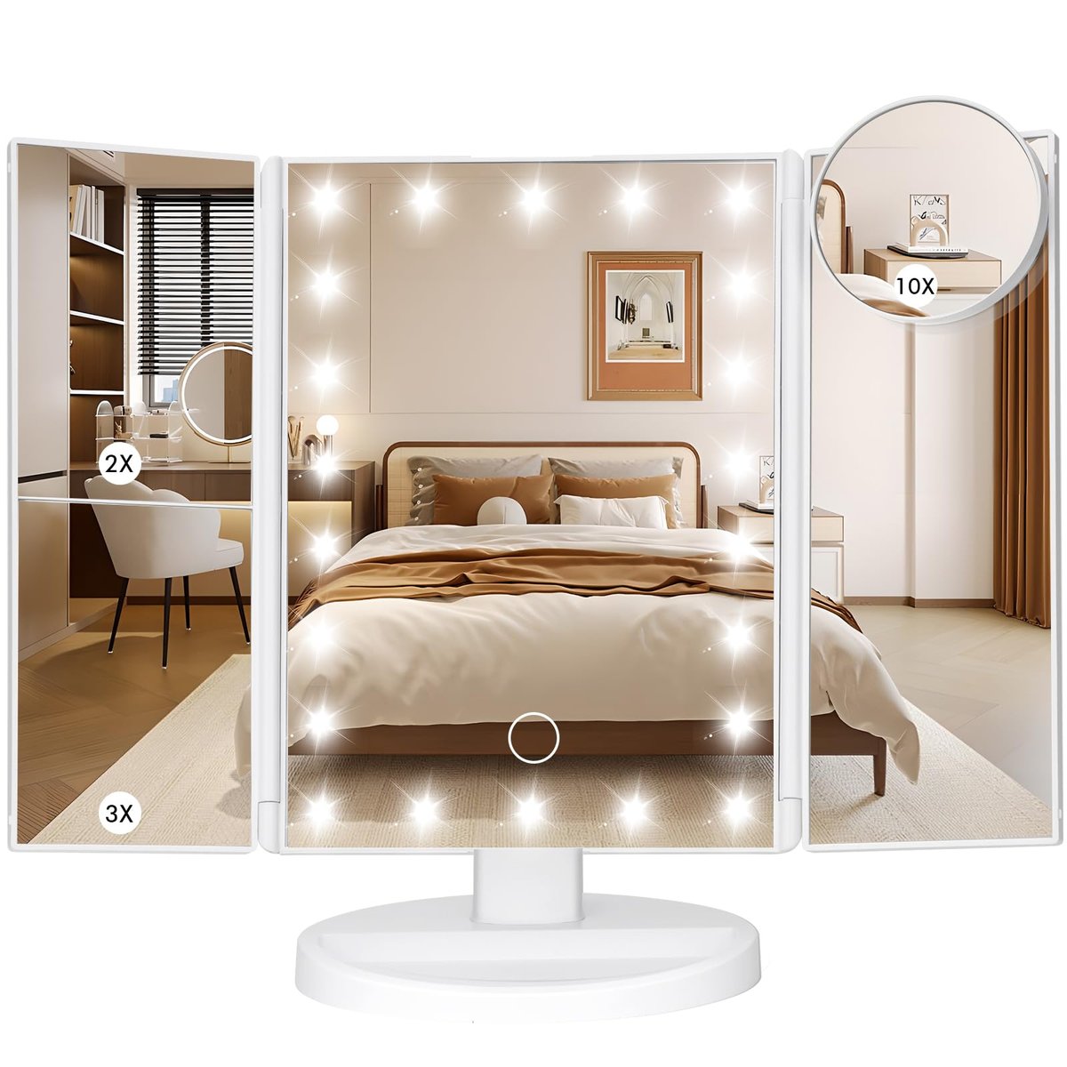 LeeWent Schminktischspiegel mit Licht, verstellbare Helligkeit, 1X/2X/3X/10X Vergrößerung, Touchscreen, klappbarer Kosmetikspiegel, zwei Stromversorgungsmodi, weiß