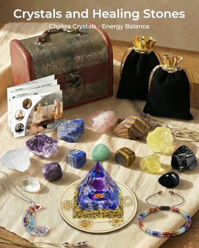 Kristalle und Heilsteine Set - Chakra Kristalle Geschenk für Frauen, Daumen-Worry Stones, Chakra Armbänder, 7 Chakra Steine Set, Orgon Pyramide für positive Energiebalance, Geburtstagsgeschenke für Frauen