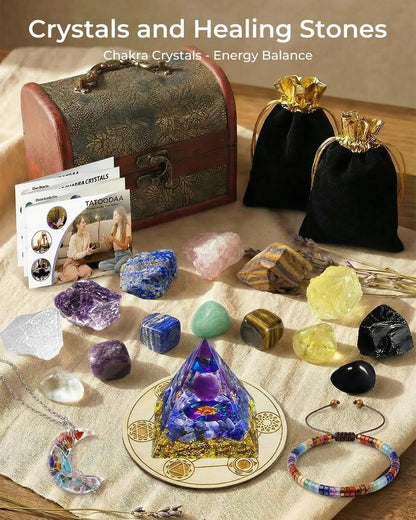 Kristalle und Heilsteine Set - Chakra Kristalle Geschenk für Frauen, Daumen-Worry Stones, Chakra Armbänder, 7 Chakra Steine Set, Orgon Pyramide für positive Energiebalance, Geburtstagsgeschenke für Frauen