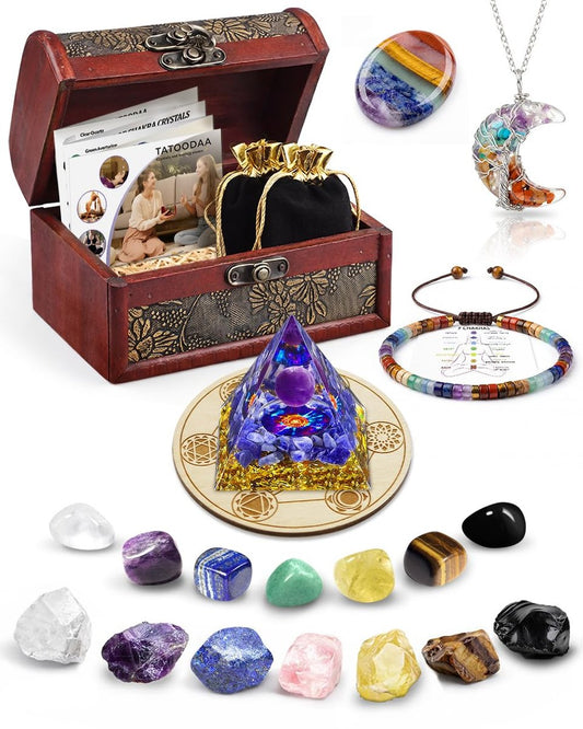 Kristalle und Heilsteine Set - Chakra Kristalle Geschenk für Frauen, Daumen-Worry Stones, Chakra Armbänder, 7 Chakra Steine Set, Orgon Pyramide für positive Energiebalance, Geburtstagsgeschenke für Frauen
