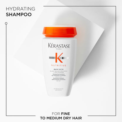 KÉRASTASE Nutritive Sanfte Feuchtigkeitsspendende Shampoo für trockenes Haar - Nährende Proteinformel mit Niacinamid, Feuchtigkeit, Geschmeidigkeit und Wiederherstellung von Dicke und Glanz, Bain Satin, 250 ml