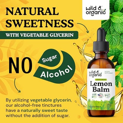 Wild & Organic Zitronenmelisse Tropfen - Unterstützung für Entspannung - Melissa Officinalis Kräutertinktur - Vegan, Zucker- & Alkoholfrei - 60 ml
