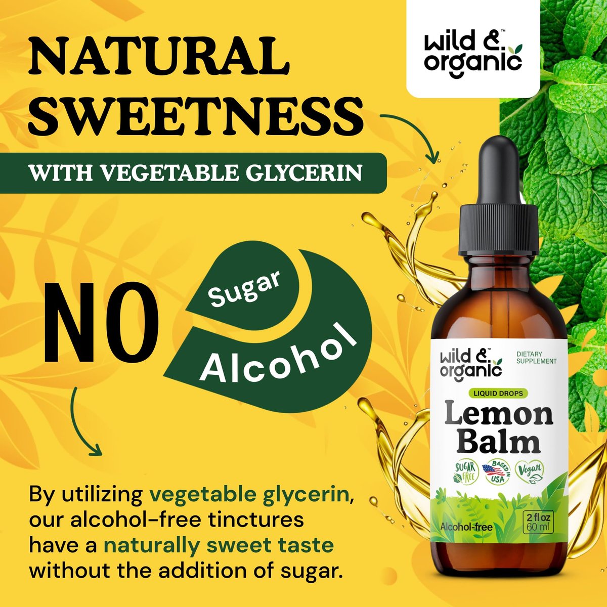 Wild & Organic Zitronenmelisse Tropfen - Unterstützung für Entspannung - Melissa Officinalis Kräutertinktur - Vegan, Zucker- & Alkoholfrei - 60 ml