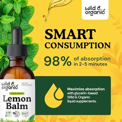 Wild & Organic Zitronenmelisse Tropfen - Unterstützung für Entspannung - Melissa Officinalis Kräutertinktur - Vegan, Zucker- & Alkoholfrei - 60 ml