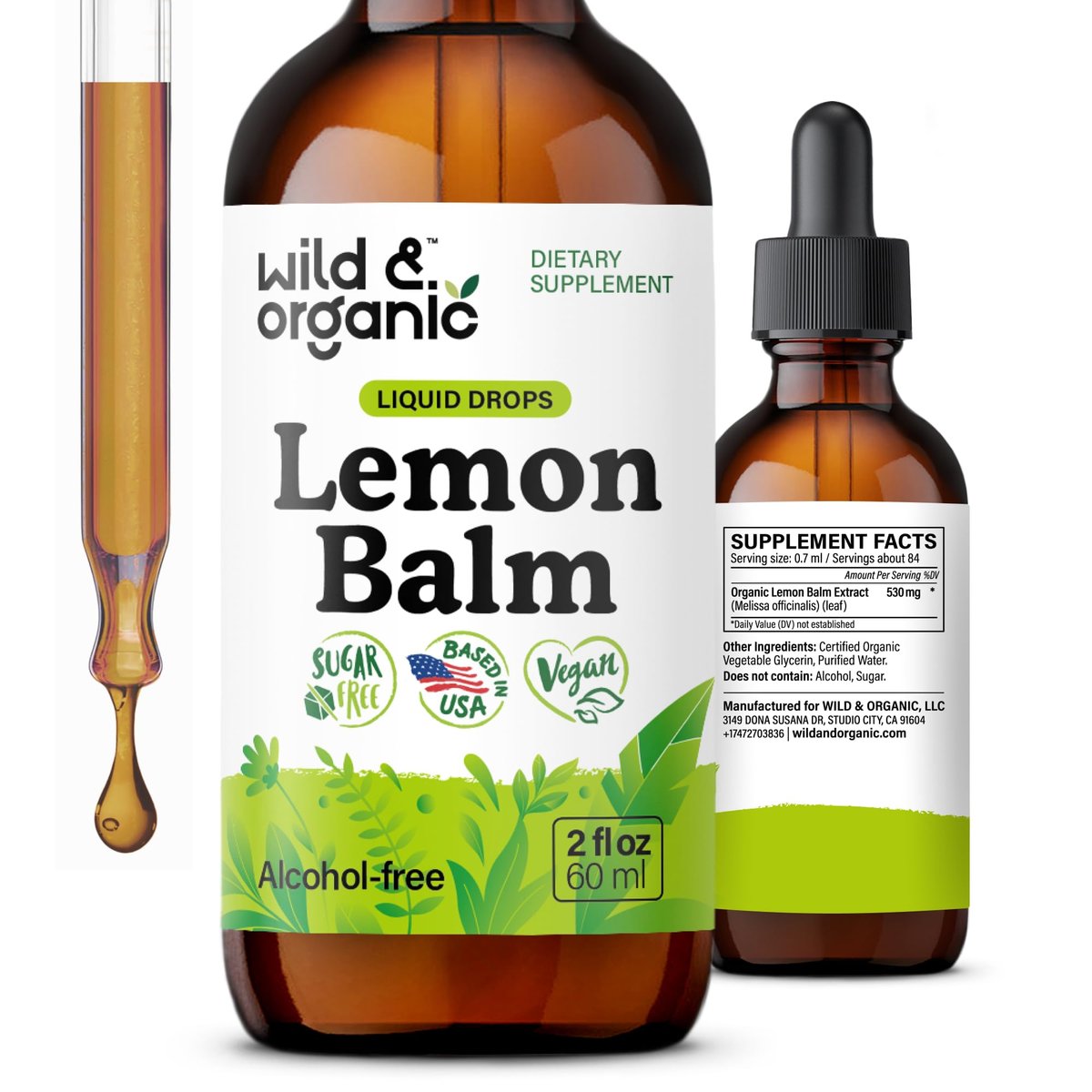 Wild & Organic Zitronenmelisse Tropfen - Unterstützung für Entspannung - Melissa Officinalis Kräutertinktur - Vegan, Zucker- & Alkoholfrei - 60 ml