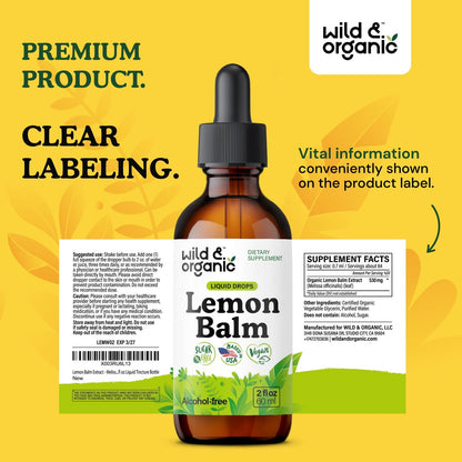Wild & Organic Zitronenmelisse Tropfen - Unterstützung für Entspannung - Melissa Officinalis Kräutertinktur - Vegan, Zucker- & Alkoholfrei - 60 ml