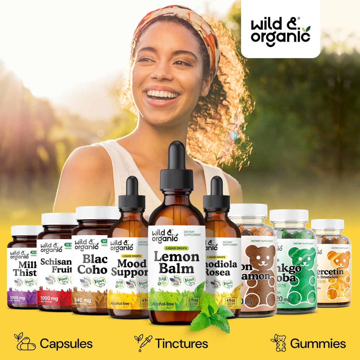 Wild & Organic Zitronenmelisse Tropfen - Unterstützung für Entspannung - Melissa Officinalis Kräutertinktur - Vegan, Zucker- & Alkoholfrei - 60 ml