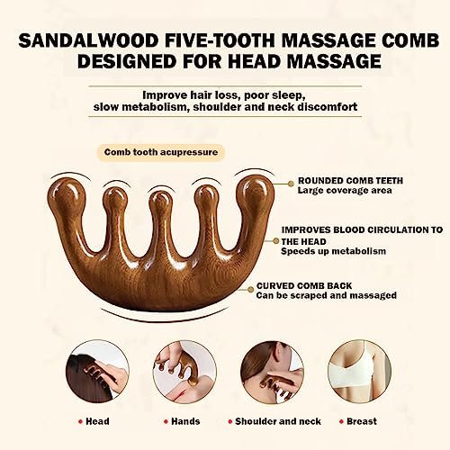 Cureder Holz-Kopfhautmassagegerät - Handgefertigter 100% natürlicher grüner Sandelholz-Kamm mit breiten Zinken - Holzmassagekamm & Sandelholzkamm für luxuriöse Haarpflege