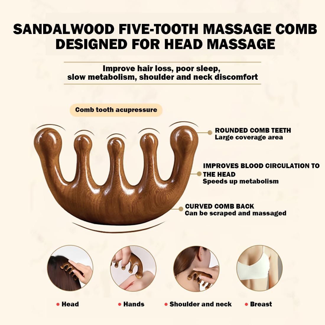 Cureder Holz-Kopfhautmassagegerät - Handgefertigter 100% natürlicher grüner Sandelholz-Kamm mit breiten Zinken - Holzmassagekamm & Sandelholzkamm für luxuriöse Haarpflege