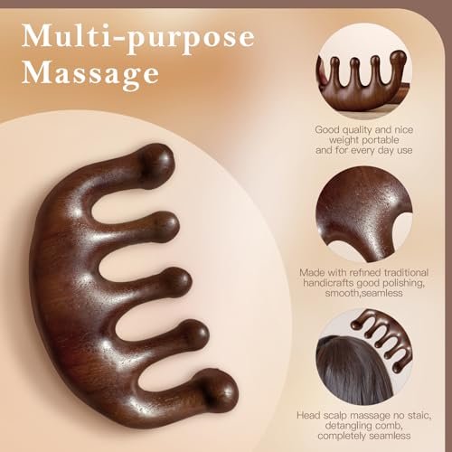 Cureder Holz-Kopfhautmassagegerät - Handgefertigter 100% natürlicher grüner Sandelholz-Kamm mit breiten Zinken - Holzmassagekamm & Sandelholzkamm für luxuriöse Haarpflege