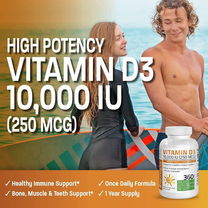 Bronson Vitamin D3 10.000 IE (250 mcg) Hochdosiert – Unterstützt gesundes Immunsystem, starke Knochen, Muskeln & Zähne – Non-GMO, 180 Weichkapseln