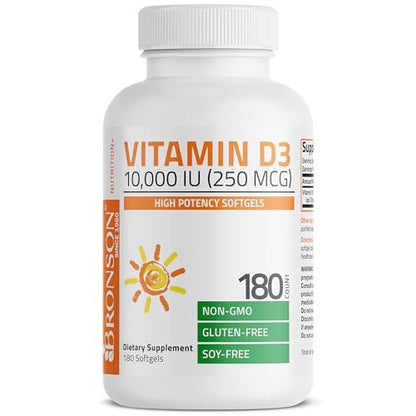 Bronson Vitamin D3 10.000 IE (250 mcg) Hochdosiert – Unterstützt gesundes Immunsystem, starke Knochen, Muskeln & Zähne – Non-GMO, 180 Weichkapseln