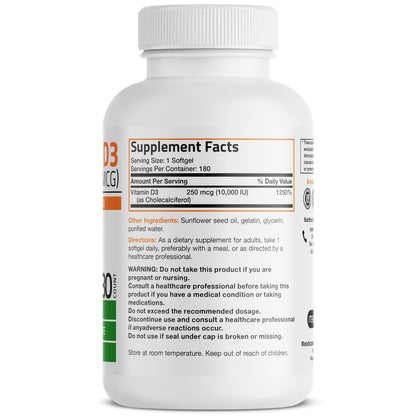 Bronson Vitamin D3 10.000 IE (250 mcg) Hochdosiert – Unterstützt gesundes Immunsystem, starke Knochen, Muskeln & Zähne – Non-GMO, 180 Weichkapseln