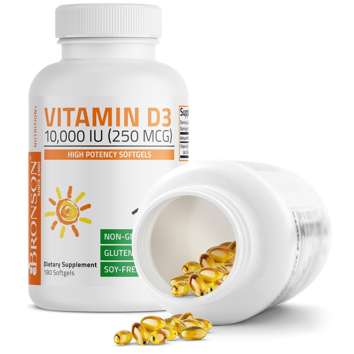 Bronson Vitamin D3 10.000 IE (250 mcg) Hochdosiert – Unterstützt gesundes Immunsystem, starke Knochen, Muskeln & Zähne – Non-GMO, 180 Weichkapseln