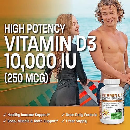Bronson Vitamin D3 10.000 IE (250 mcg) Hochdosiert – Unterstützt gesundes Immunsystem, starke Knochen, Muskeln & Zähne – Non-GMO, 180 Weichkapseln