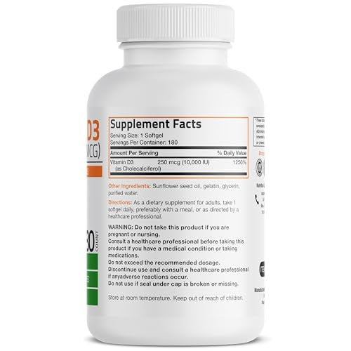 Bronson Vitamin D3 10.000 IE (250 mcg) Hochdosiert – Unterstützt gesundes Immunsystem, starke Knochen, Muskeln & Zähne – Non-GMO, 180 Weichkapseln