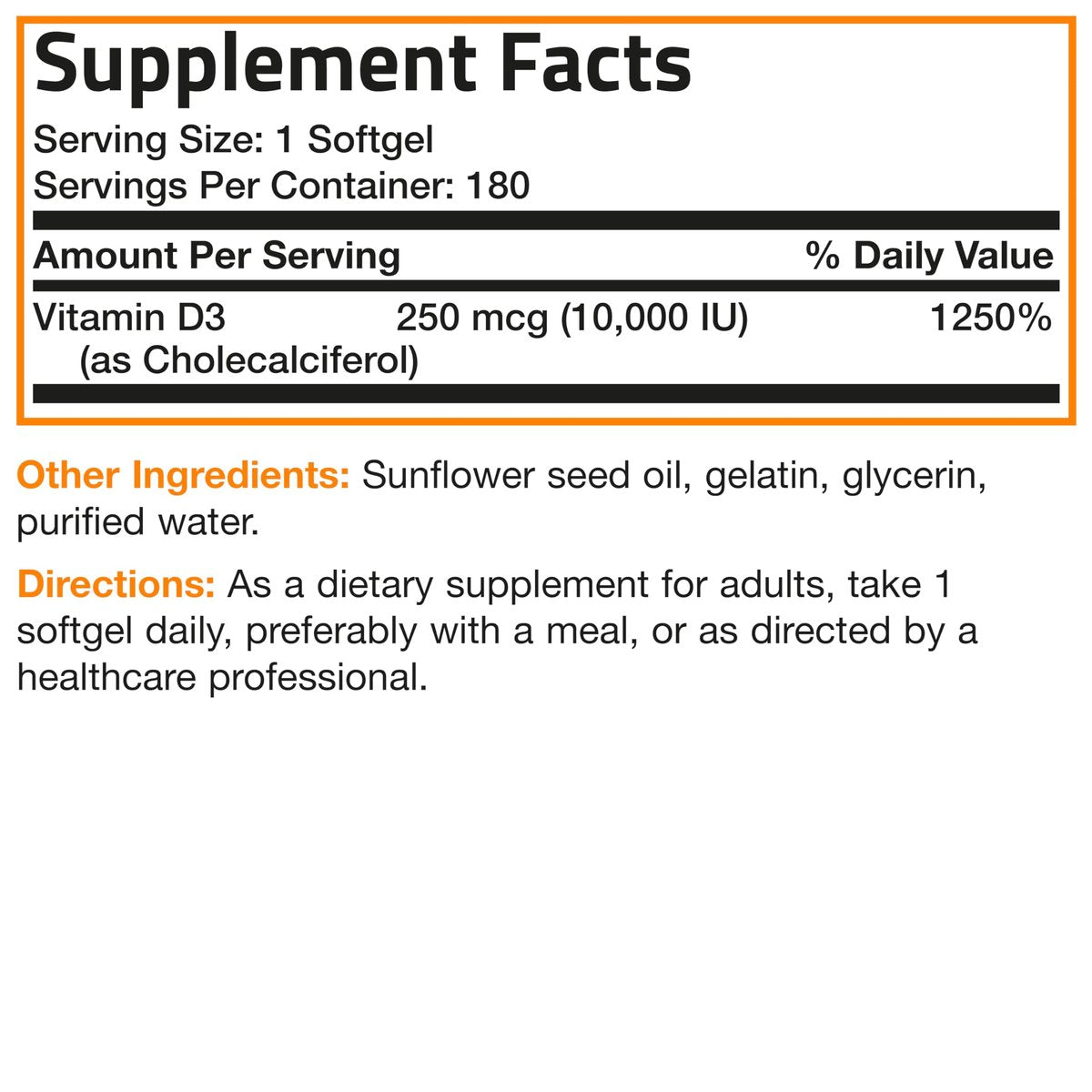 Bronson Vitamin D3 10.000 IE (250 mcg) Hochdosiert – Unterstützt gesundes Immunsystem, starke Knochen, Muskeln & Zähne – Non-GMO, 180 Weichkapseln