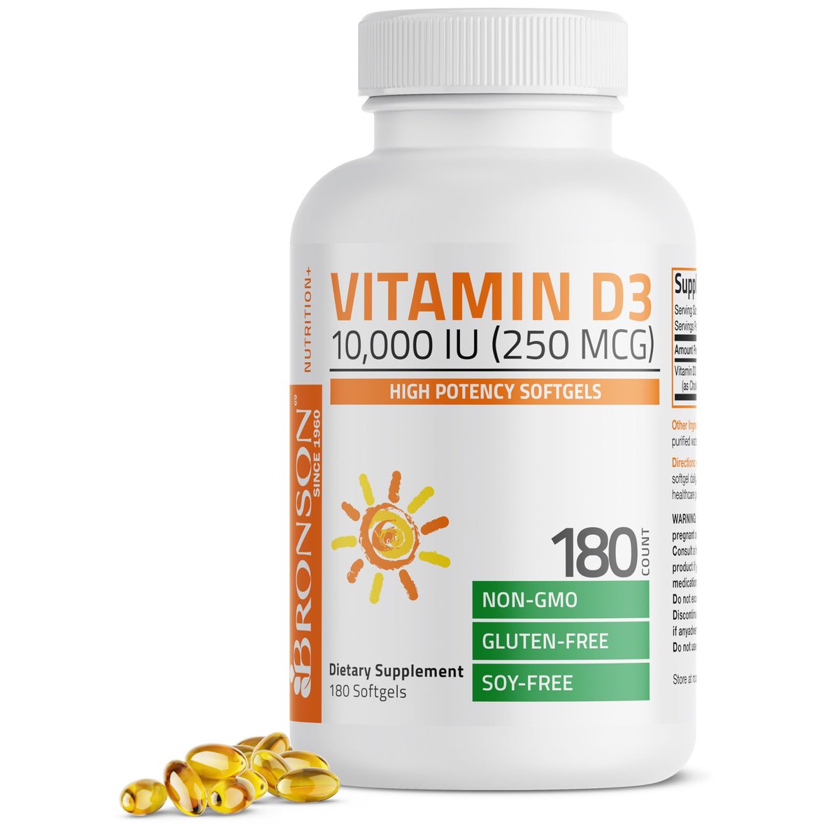 Bronson Vitamin D3 10.000 IE (250 mcg) Hochdosiert – Unterstützt gesundes Immunsystem, starke Knochen, Muskeln & Zähne – Non-GMO, 180 Weichkapseln