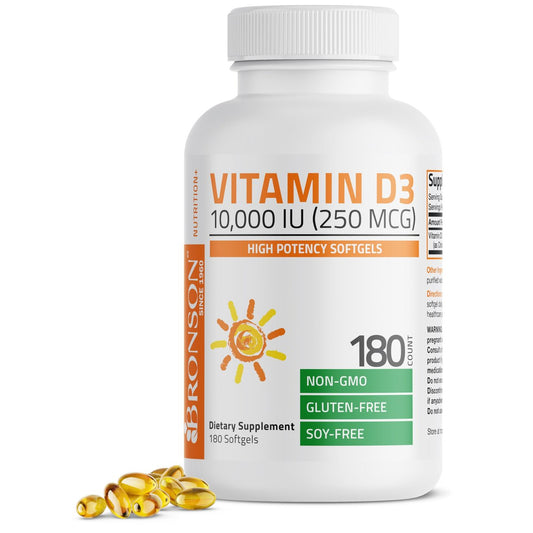 Bronson Vitamin D3 10.000 IE (250 mcg) Hochdosiert – Unterstützt gesundes Immunsystem, starke Knochen, Muskeln & Zähne – Non-GMO, 180 Weichkapseln