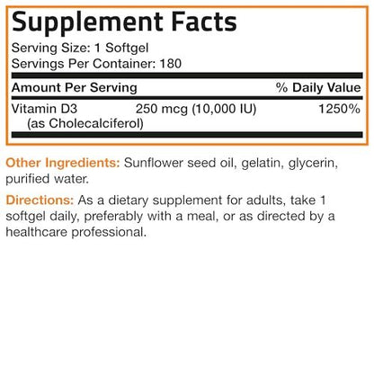 Bronson Vitamin D3 10.000 IE (250 mcg) Hochdosiert – Unterstützt gesundes Immunsystem, starke Knochen, Muskeln & Zähne – Non-GMO, 180 Weichkapseln