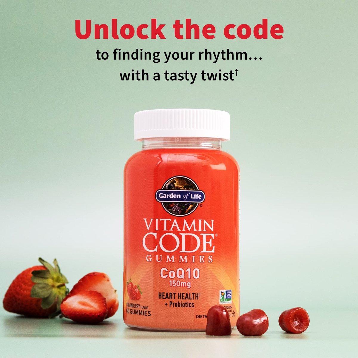 Garden of Life Vitamin Code CoQ10 Gummies – Herzgesundheit & Zelluläre Energie mit Präbiotika und Probiotika, ohne Zuckerzusatz, glutenfrei, nicht-GVO, Erdbeergeschmack, 60 Gummis
