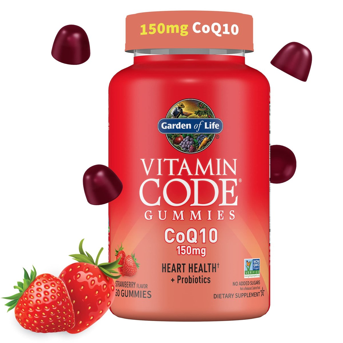 Garden of Life Vitamin Code CoQ10 Gummies – Herzgesundheit & Zelluläre Energie mit Präbiotika und Probiotika, ohne Zuckerzusatz, glutenfrei, nicht-GVO, Erdbeergeschmack, 60 Gummis